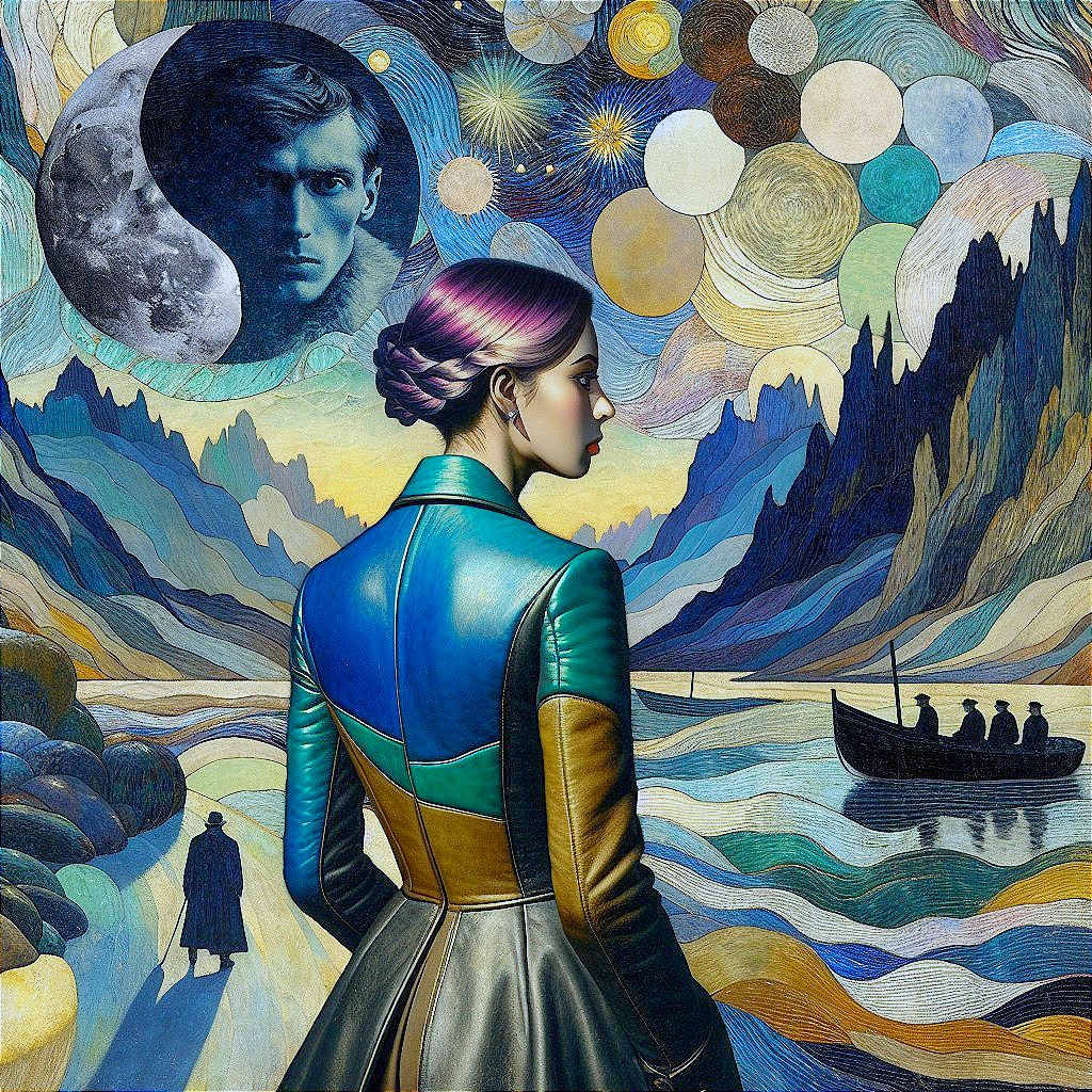 Stylish Figure in Vibrant Coat with Surreal Landscape