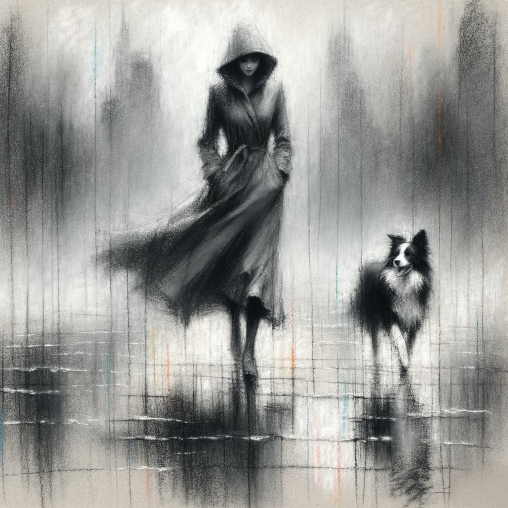 Hooded Figure and Collie in Rainy Landscape Scene