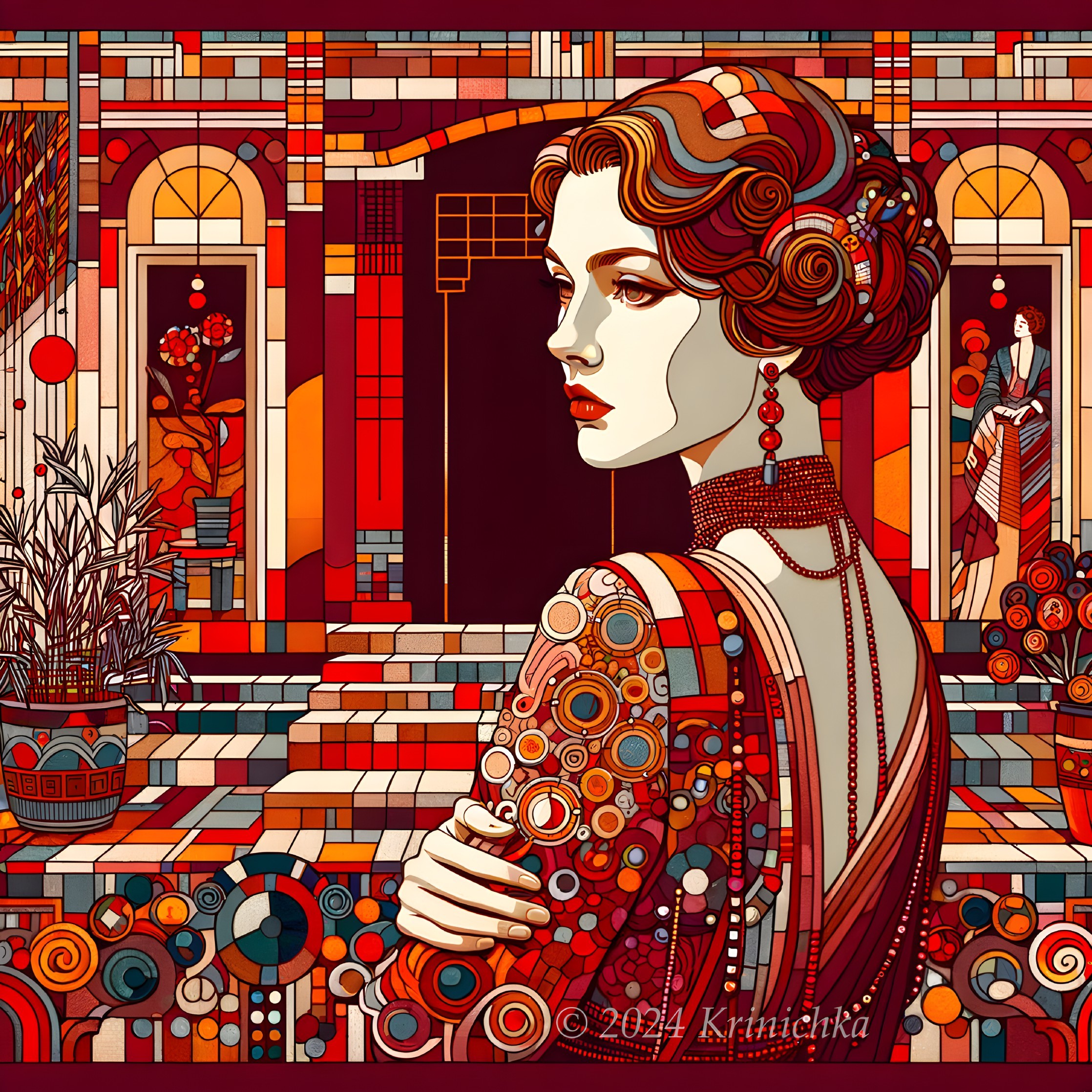 Art Deco style woman illustration with warm tones and intricate patterns.