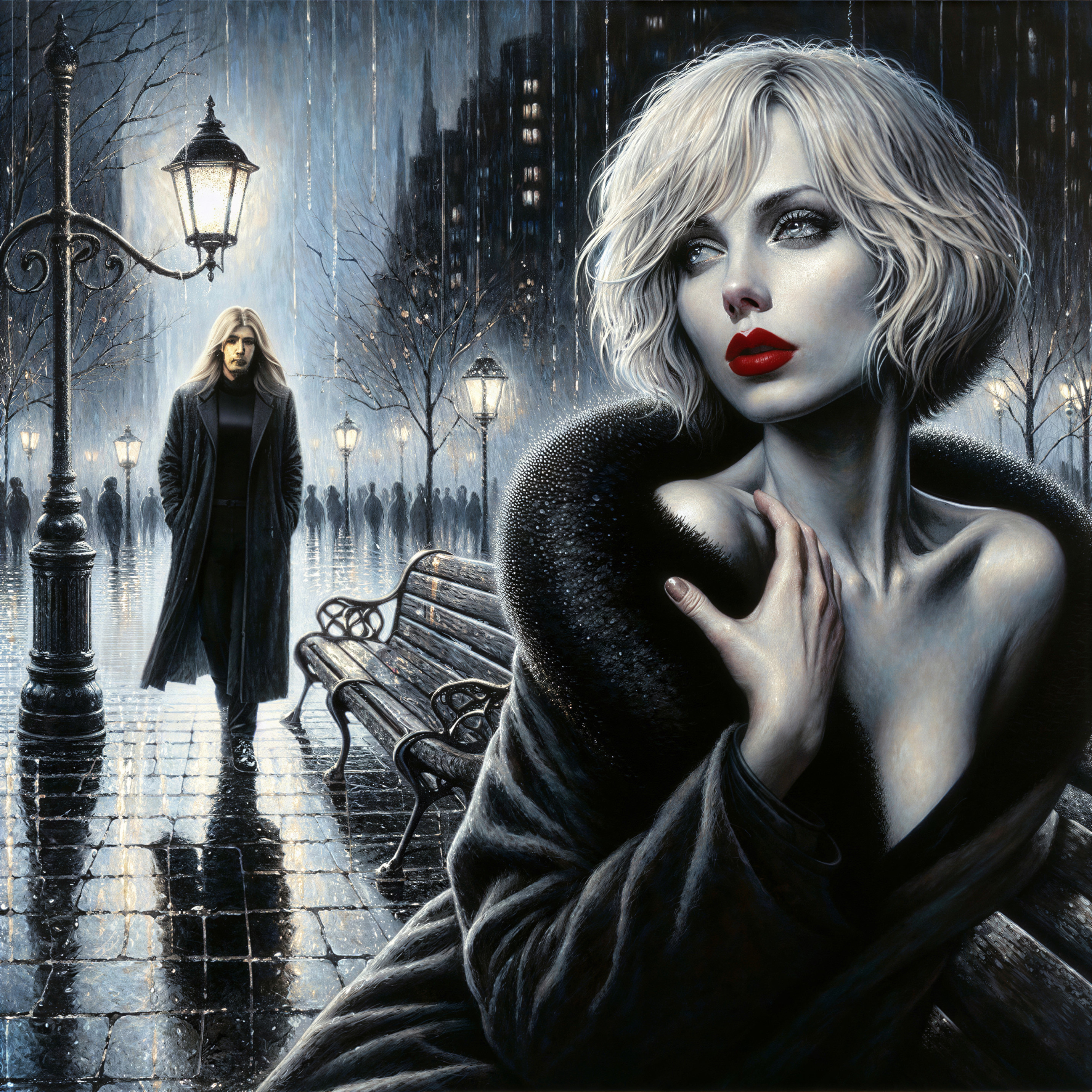 Urban Scene with Woman in Coat and Shadowy Figure