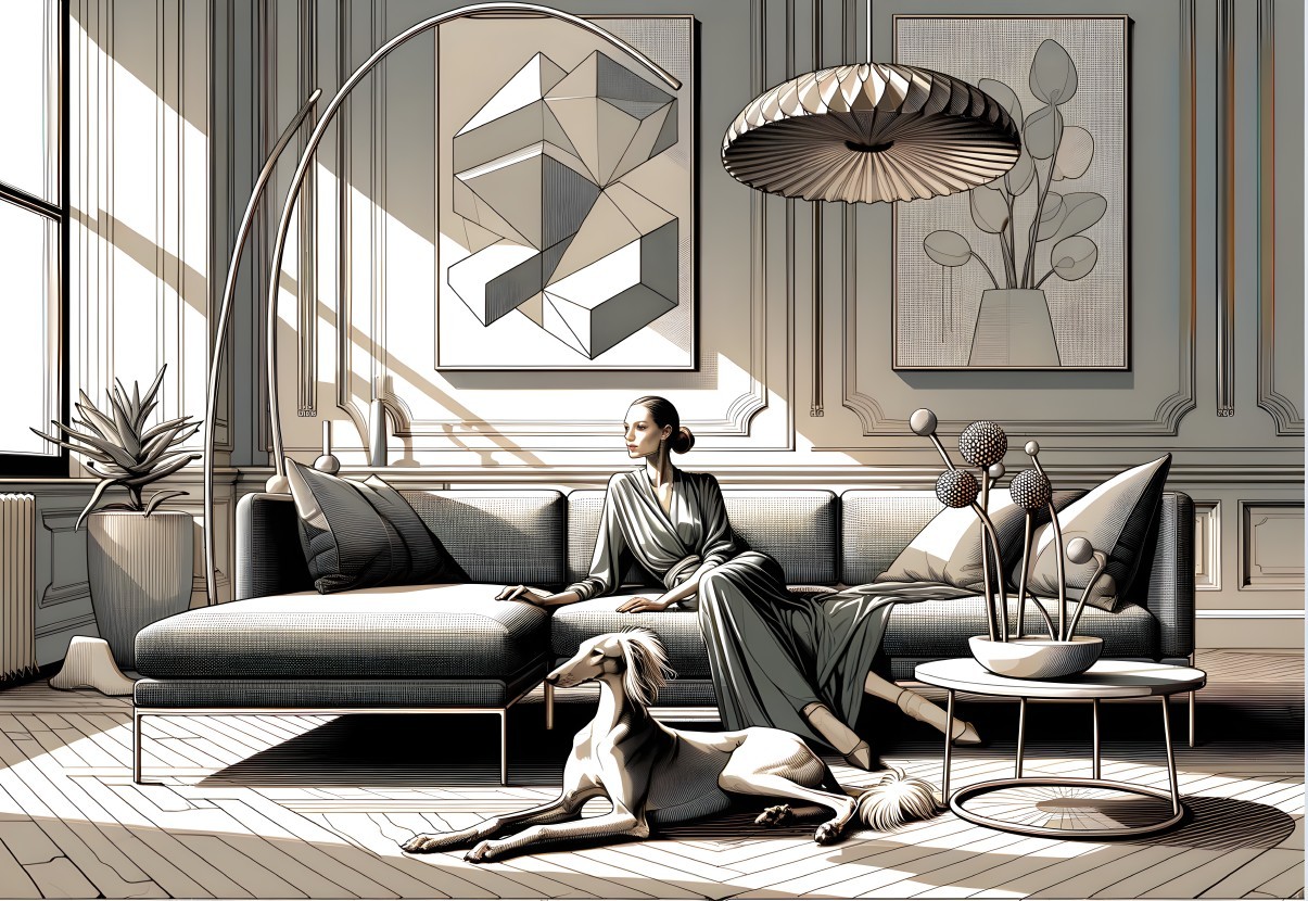 Woman on Couch with Dog in Stylish Sunlit Room