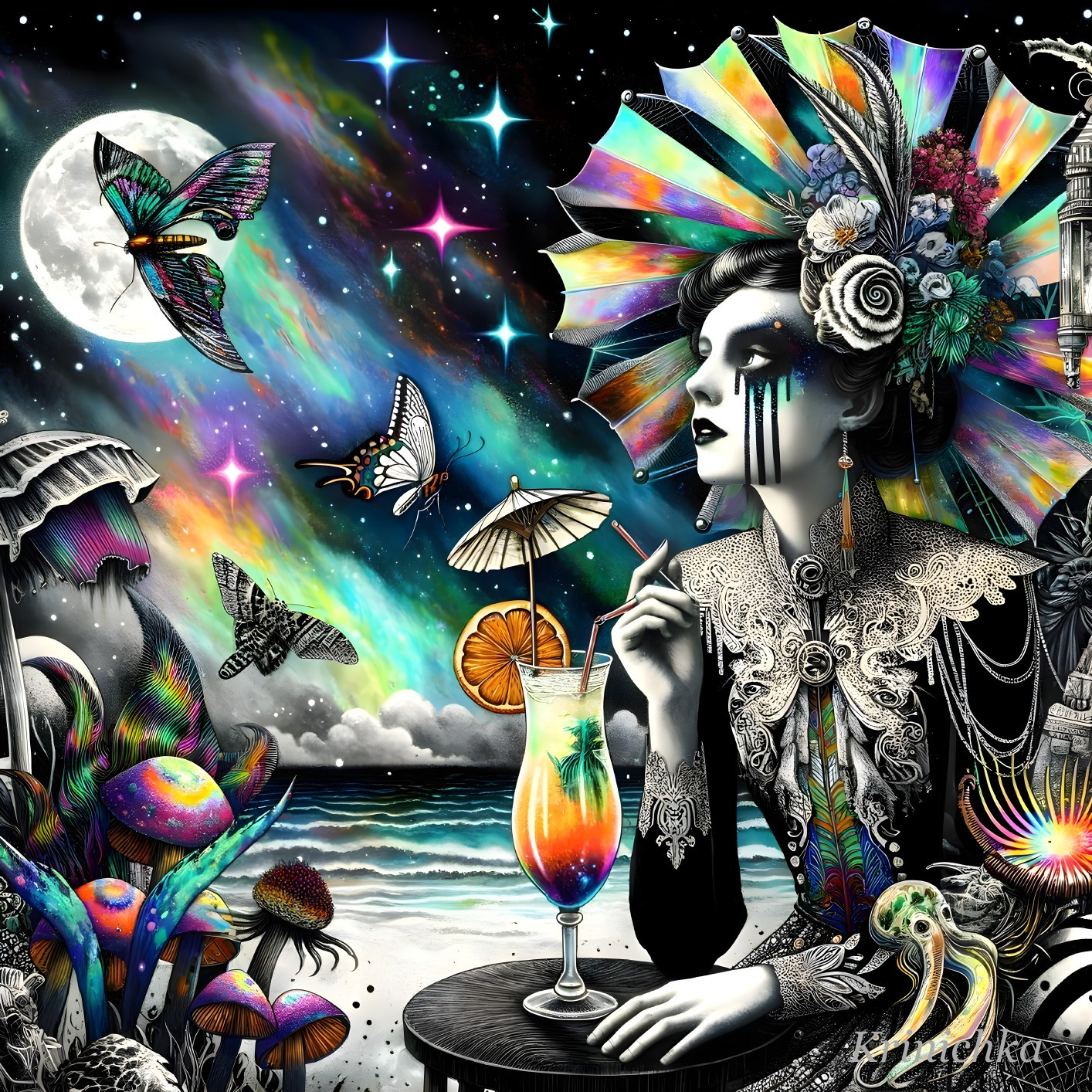 Vibrant surreal illustration of woman with ornate headdress and cocktail