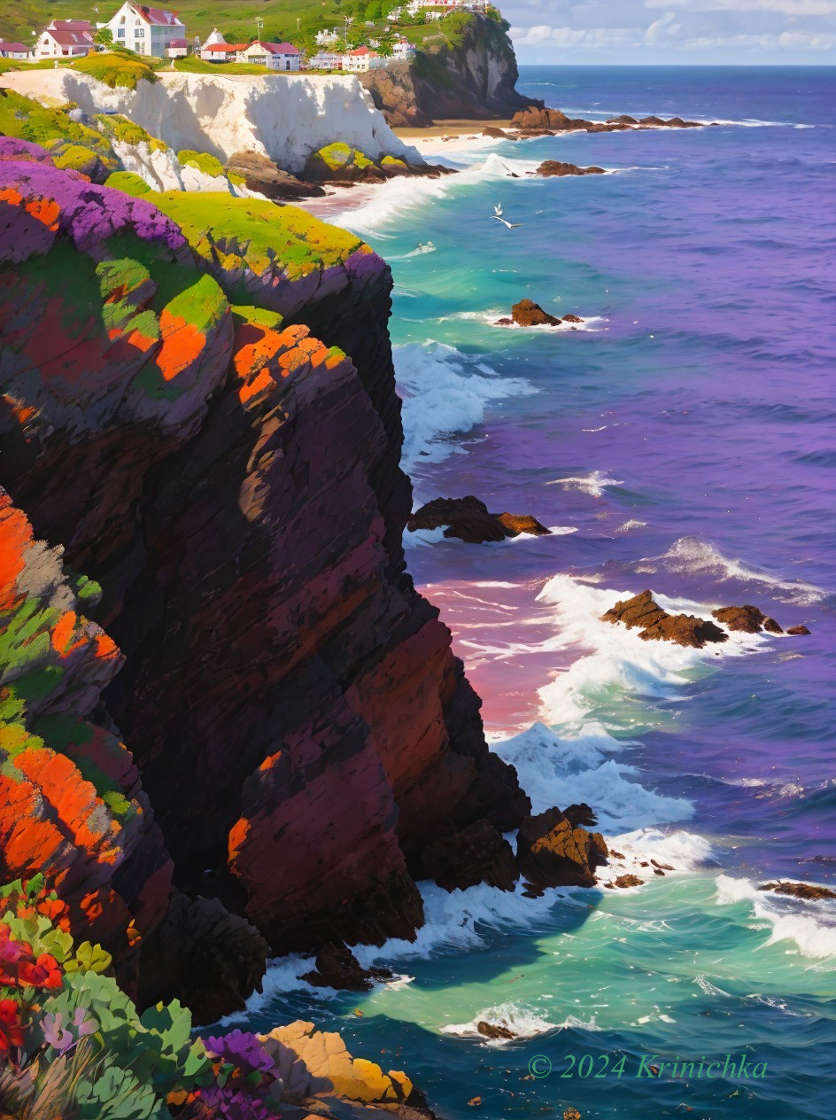 Coastal Scene with Cliffs, Wildflowers, and Turquoise Sea