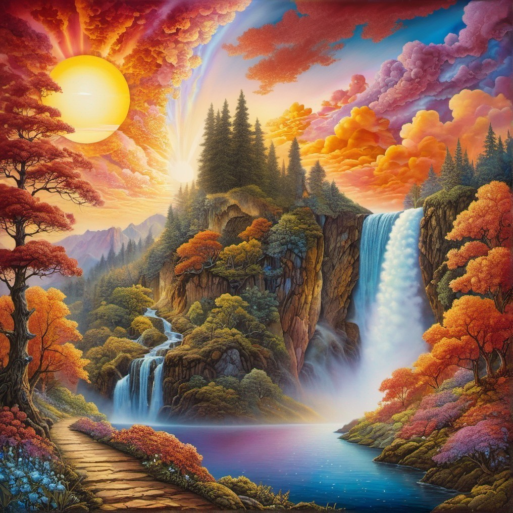 Scenic landscape: waterfall, lake, autumn trees, sunset sky