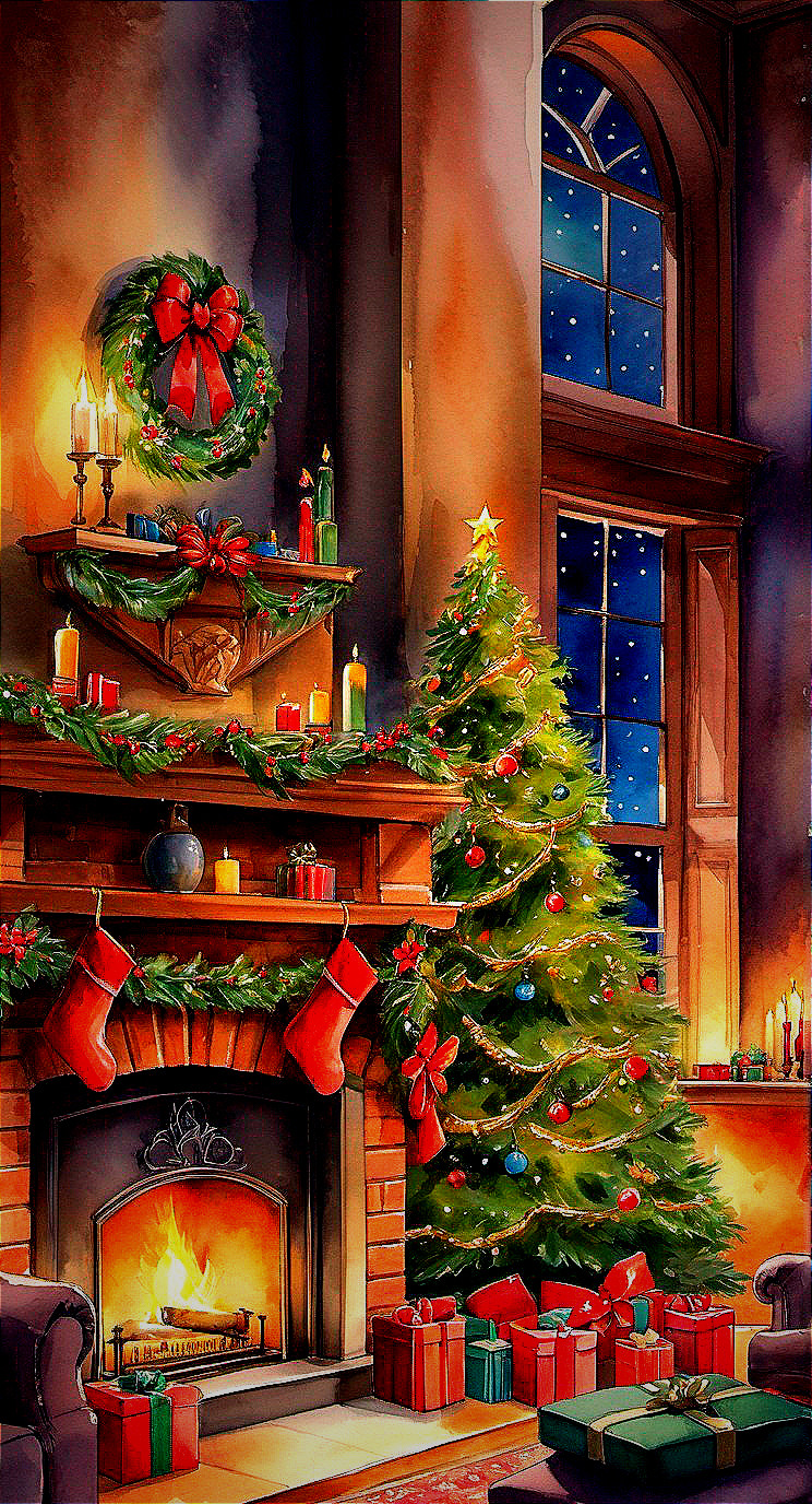 Festive Christmas scene with decorated tree, fireplace, stockings, and candles in warmly lit room