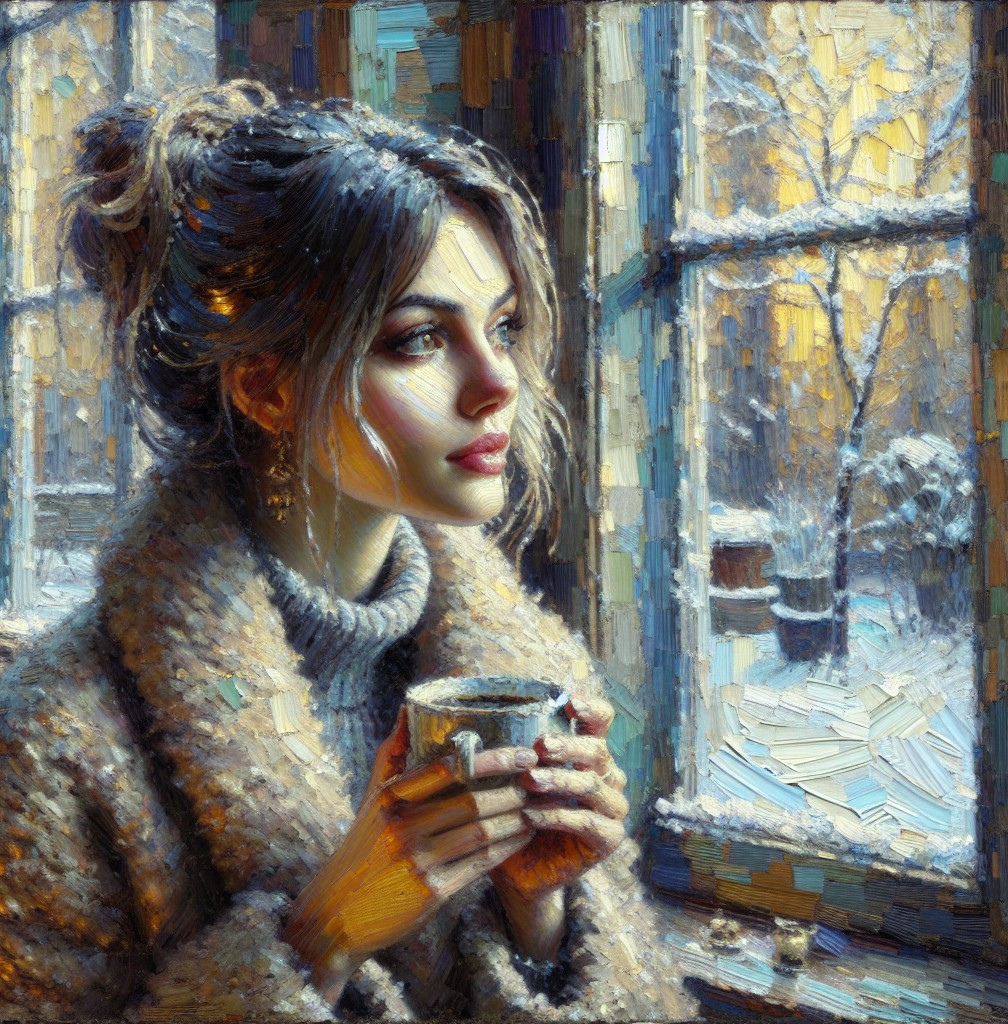 Young woman by frost-covered window with warm mug