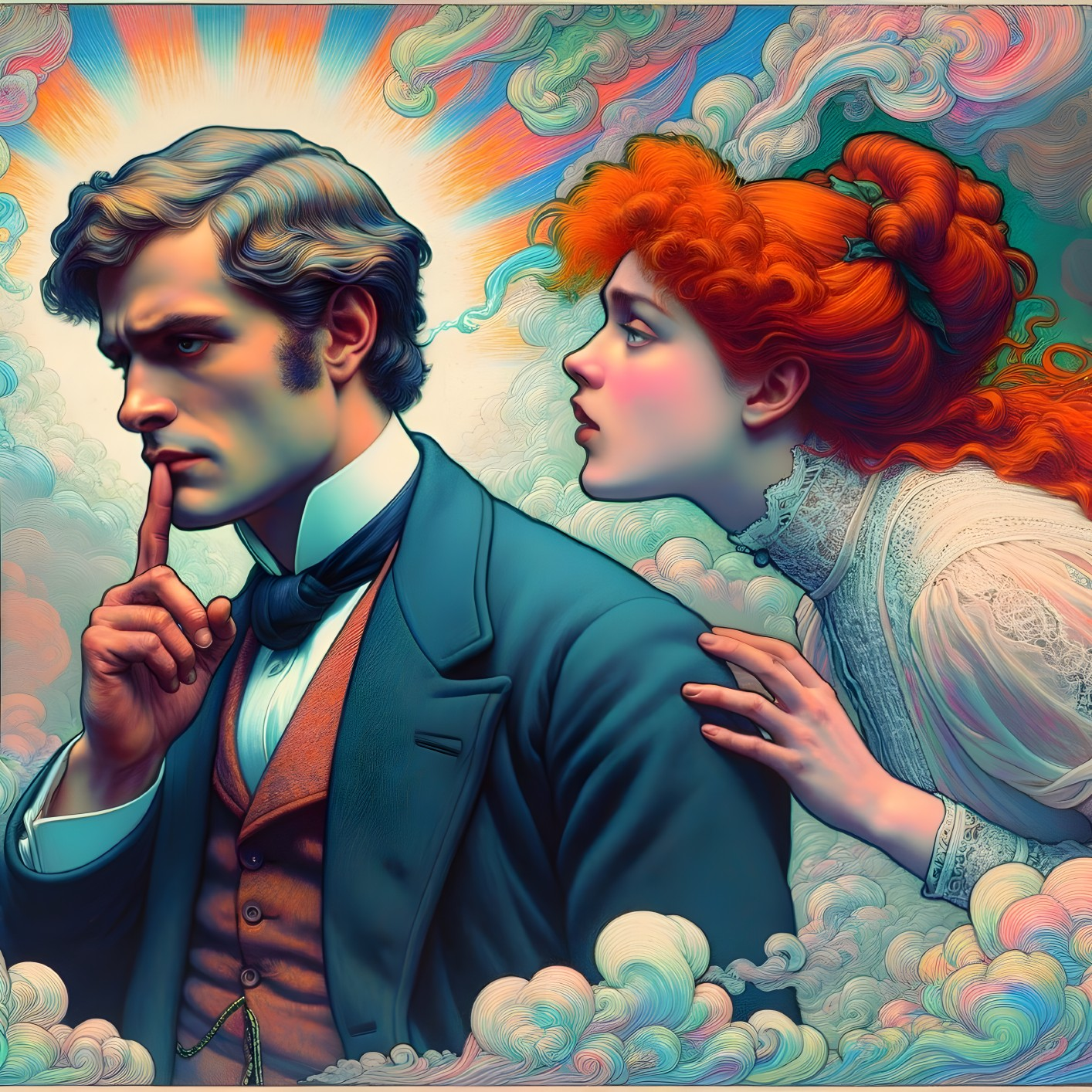 Victorian-era man and woman in contemplative pose amidst vibrant colors