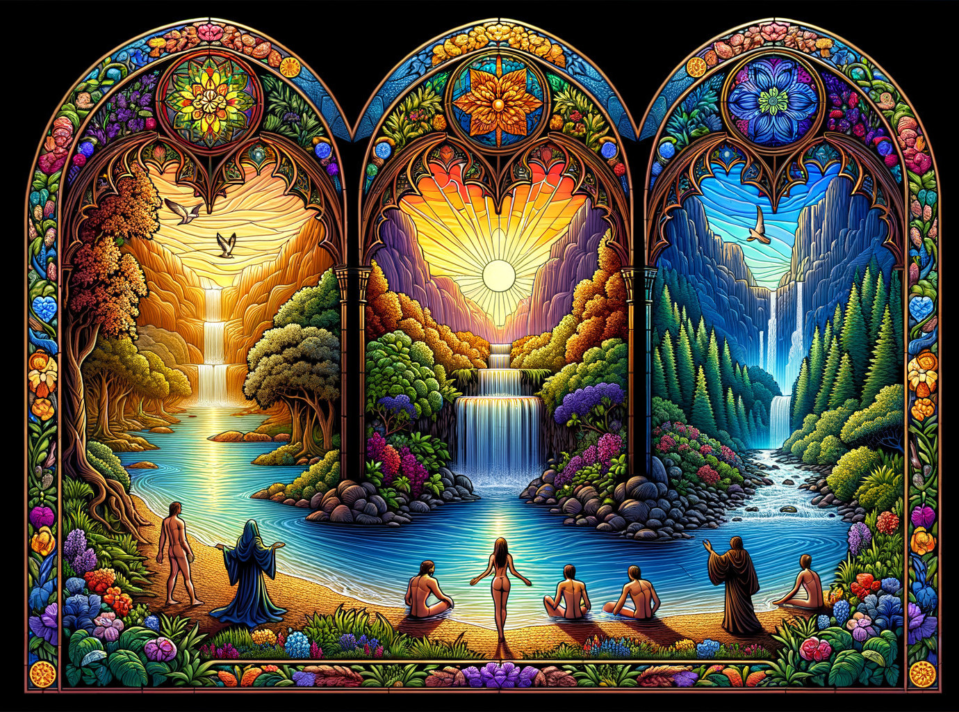 Vibrant Stained-Glass Scene with Serene Landscapes