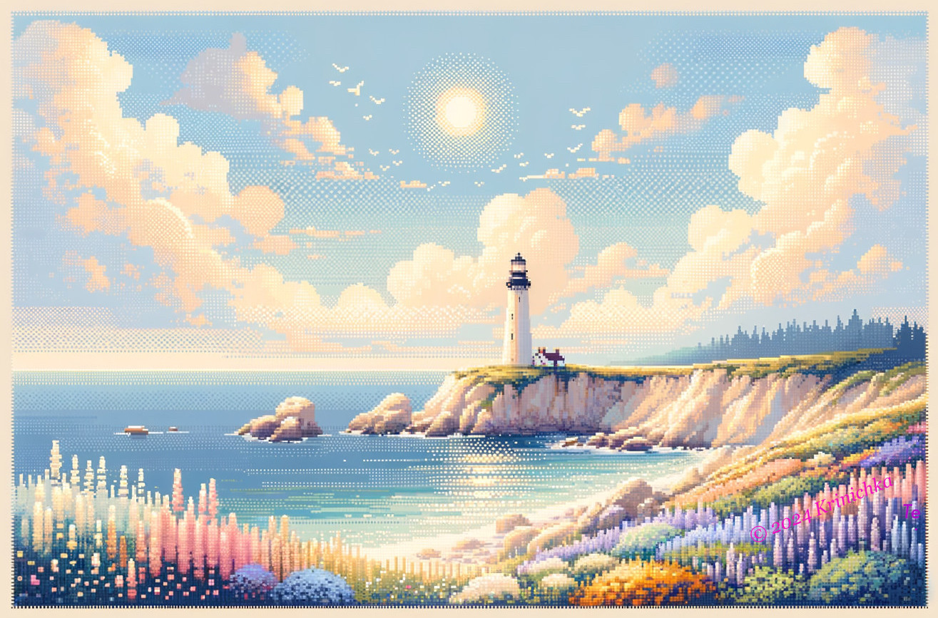 Pixel Art Scene: Lighthouse on Cliff with Flora, Calm Sea, Pastel Sky