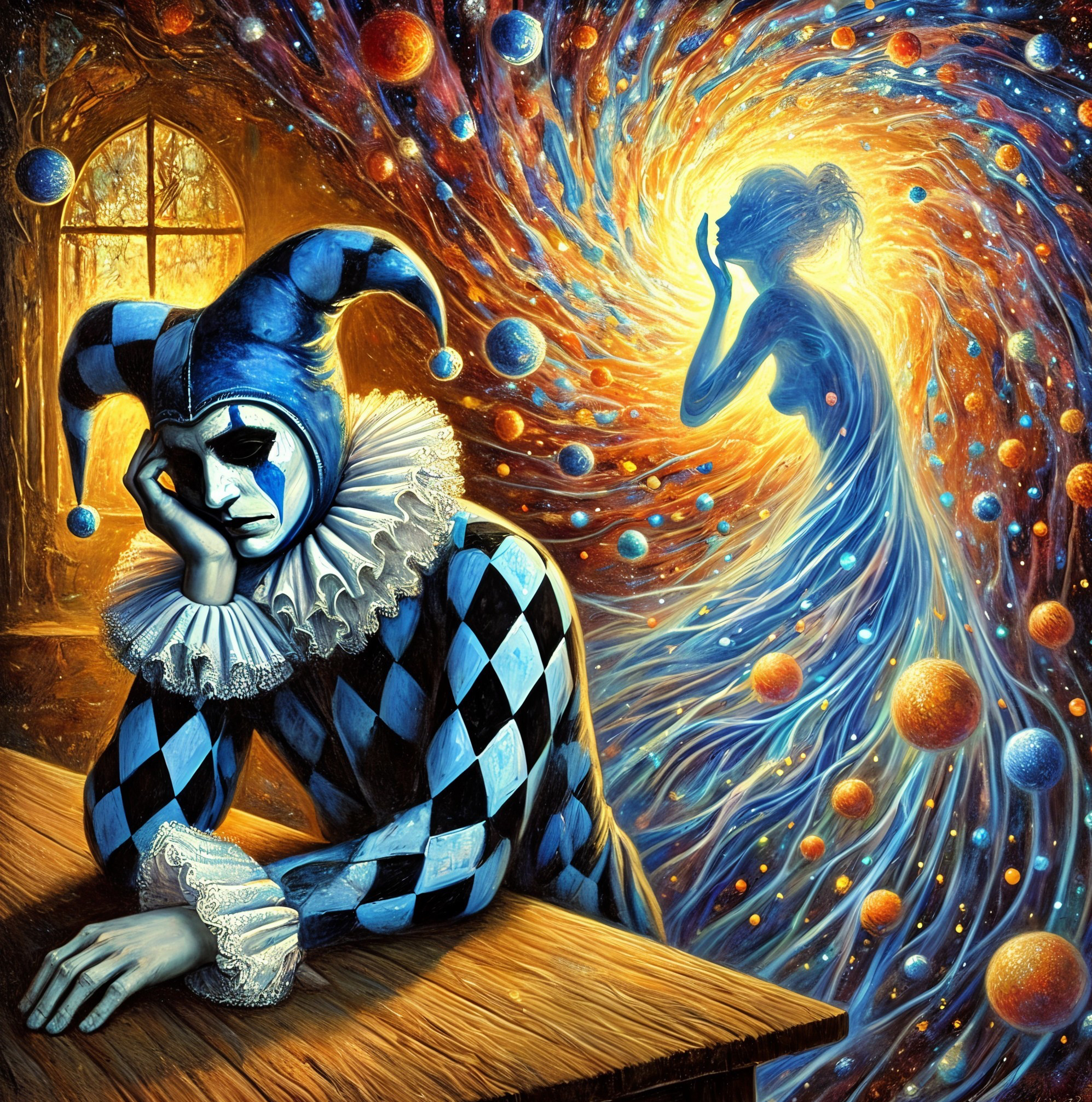 Sorrowful jester in cosmic galaxy setting