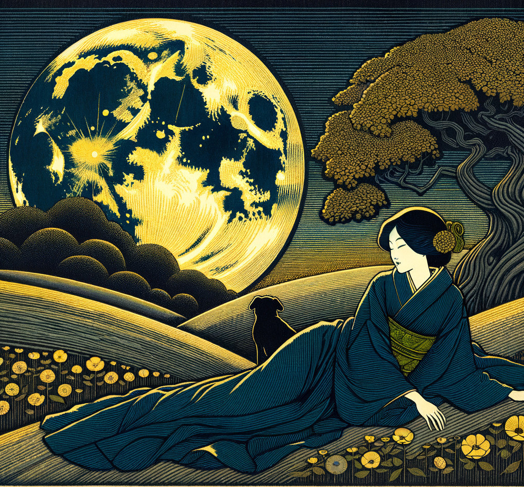 Serene Night Scene with Woman in Traditional Kimono
