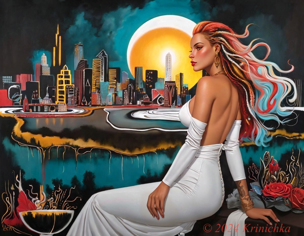 Woman in White Dress Overlooks Urban Sunset Skyline