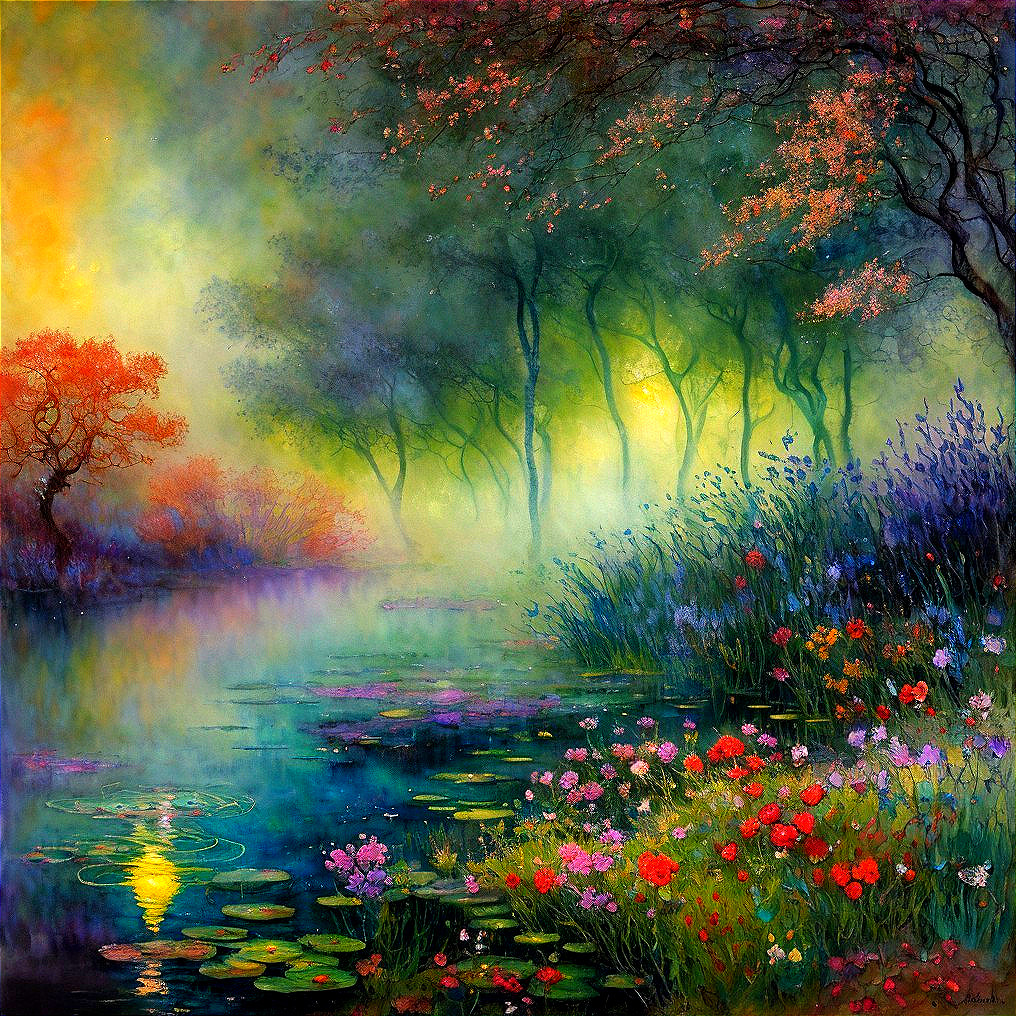 Tranquil Pond Surrounded by Vibrant Flowers and Trees