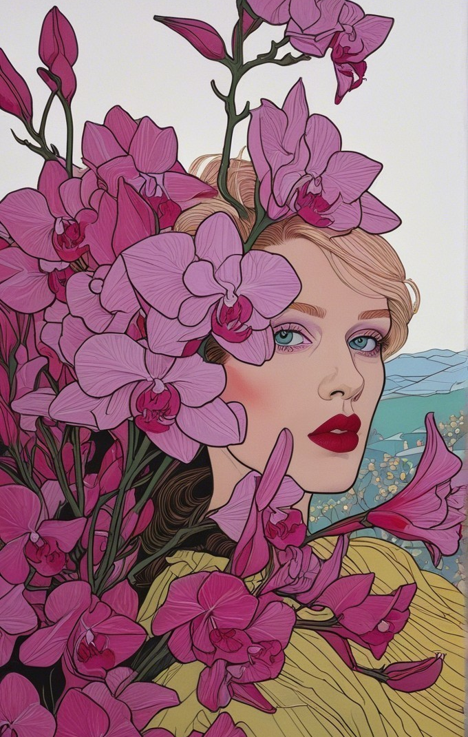 Woman Surrounded by Pink Orchids and Lush Greenery