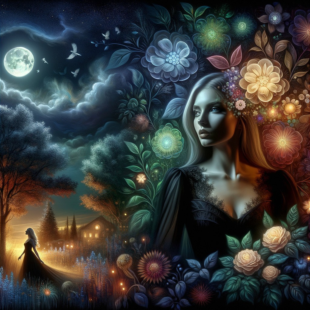 Woman with floral hair in surreal portrait, moonlit cabin scene, vibrant garden