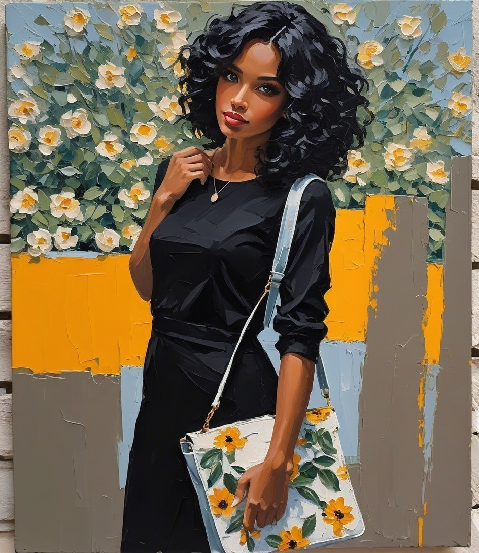 Stylish Woman in Black Outfit with Floral Handbag
