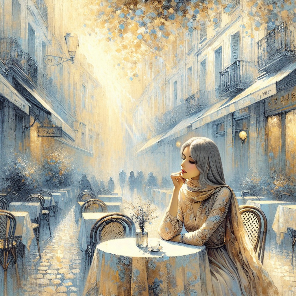 Serene café scene with warm tones and quaint buildings