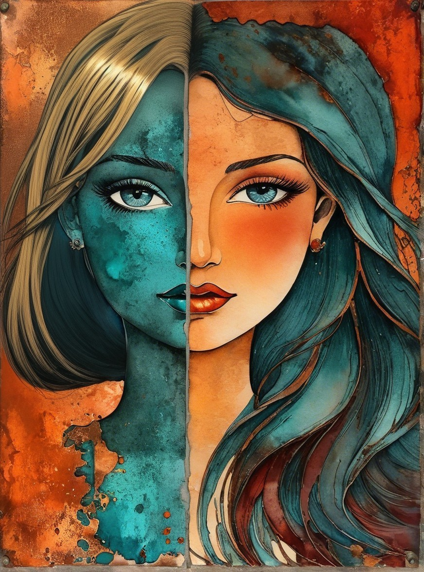 Contrasting Split Portrait of Two Women in Color Schemes
