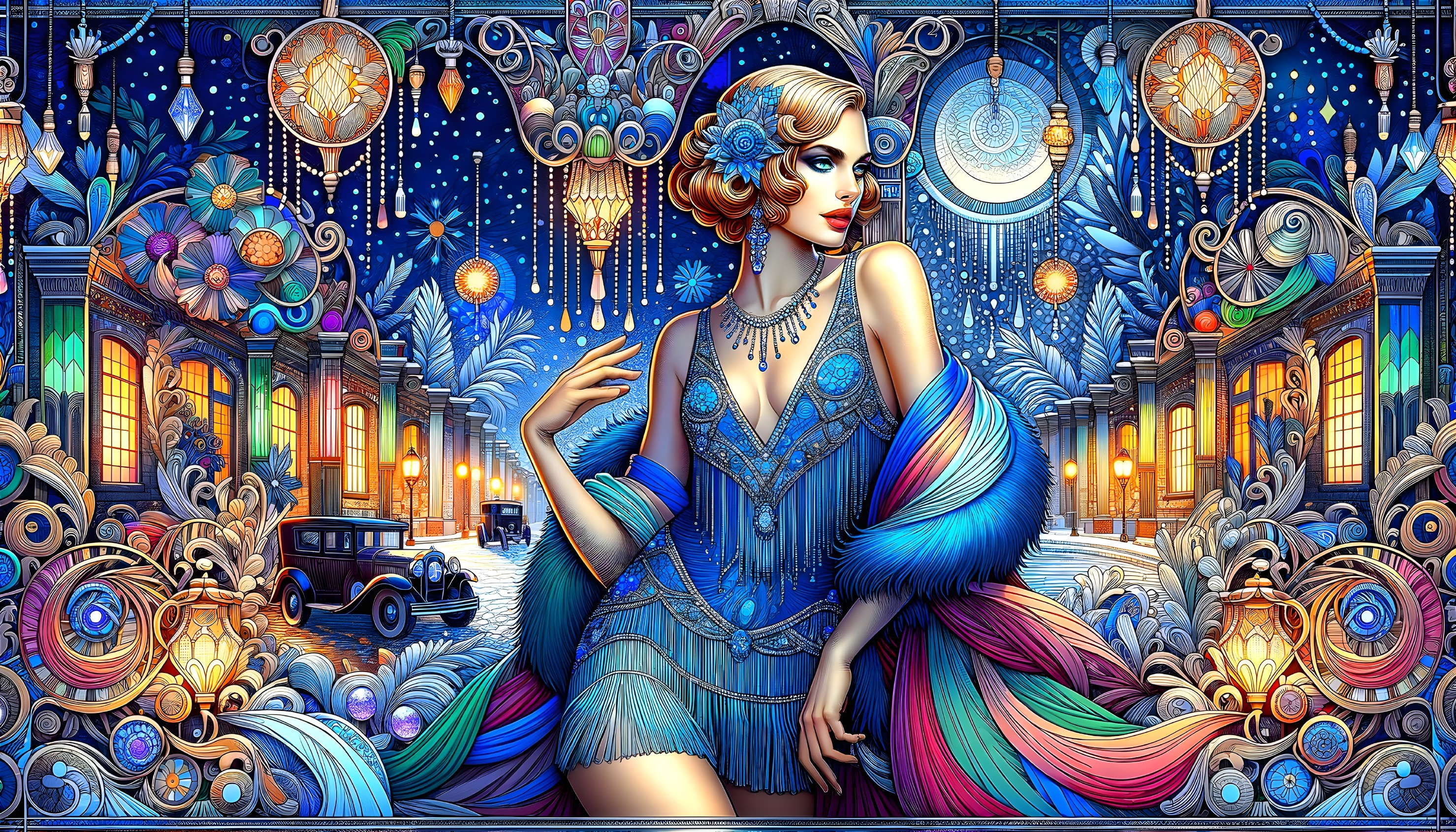 Colorful Art Deco Illustration of 1920s Glamorous Woman