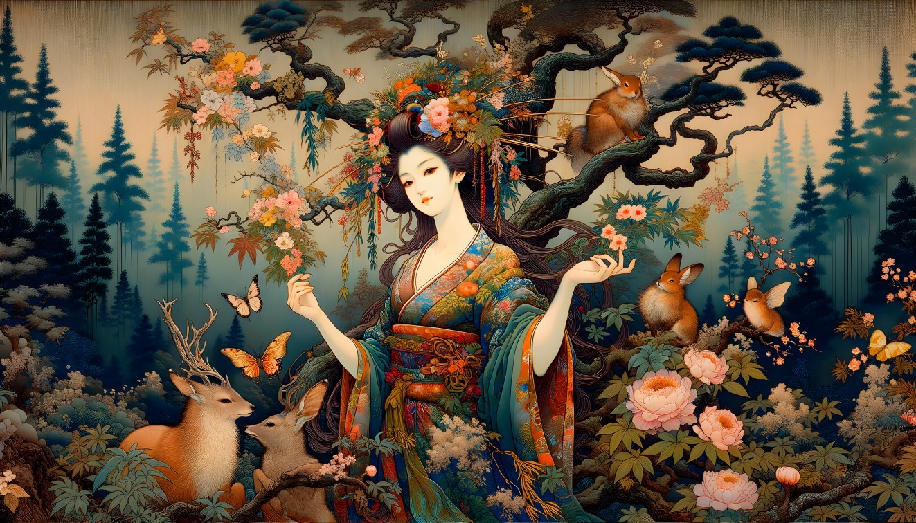 Stylized illustration of woman in traditional attire with forest animals