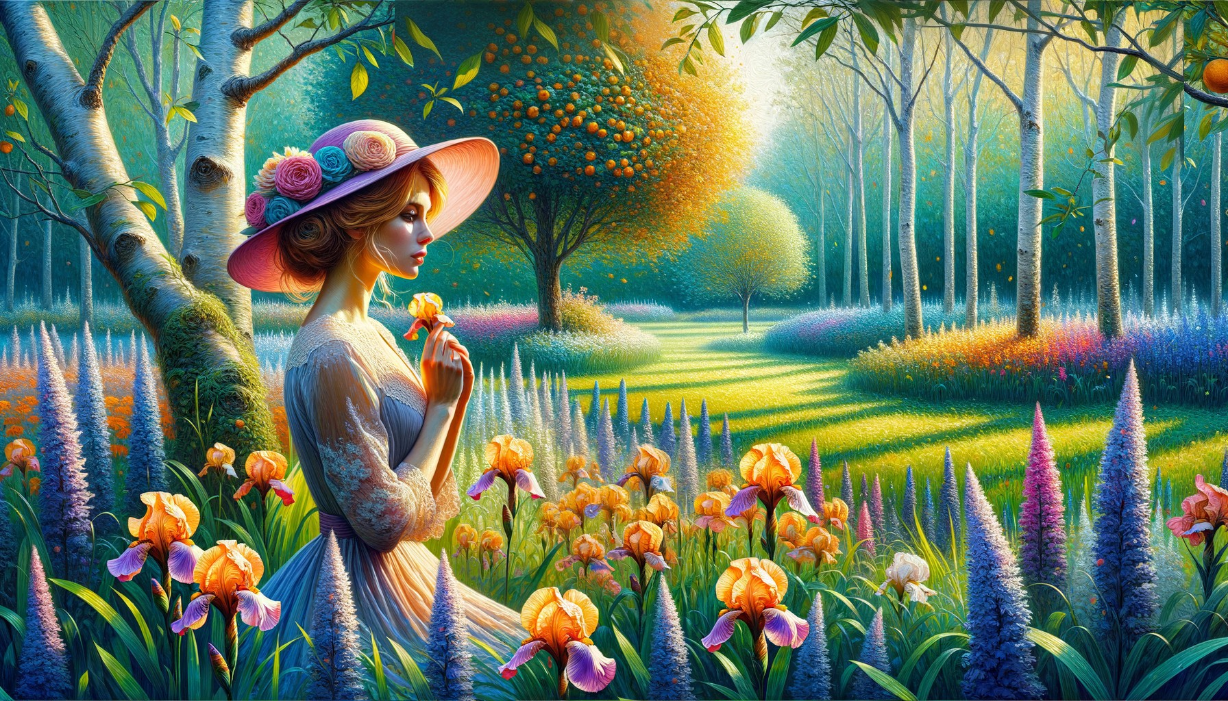 Serene landscape with a woman and vibrant flowers
