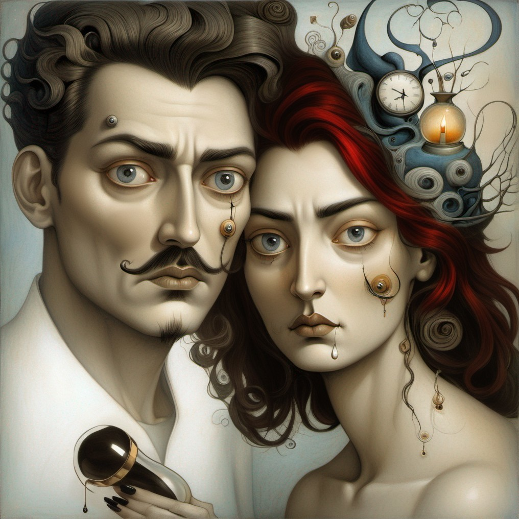 Stylized Couple with Surreal Elements and Expressions