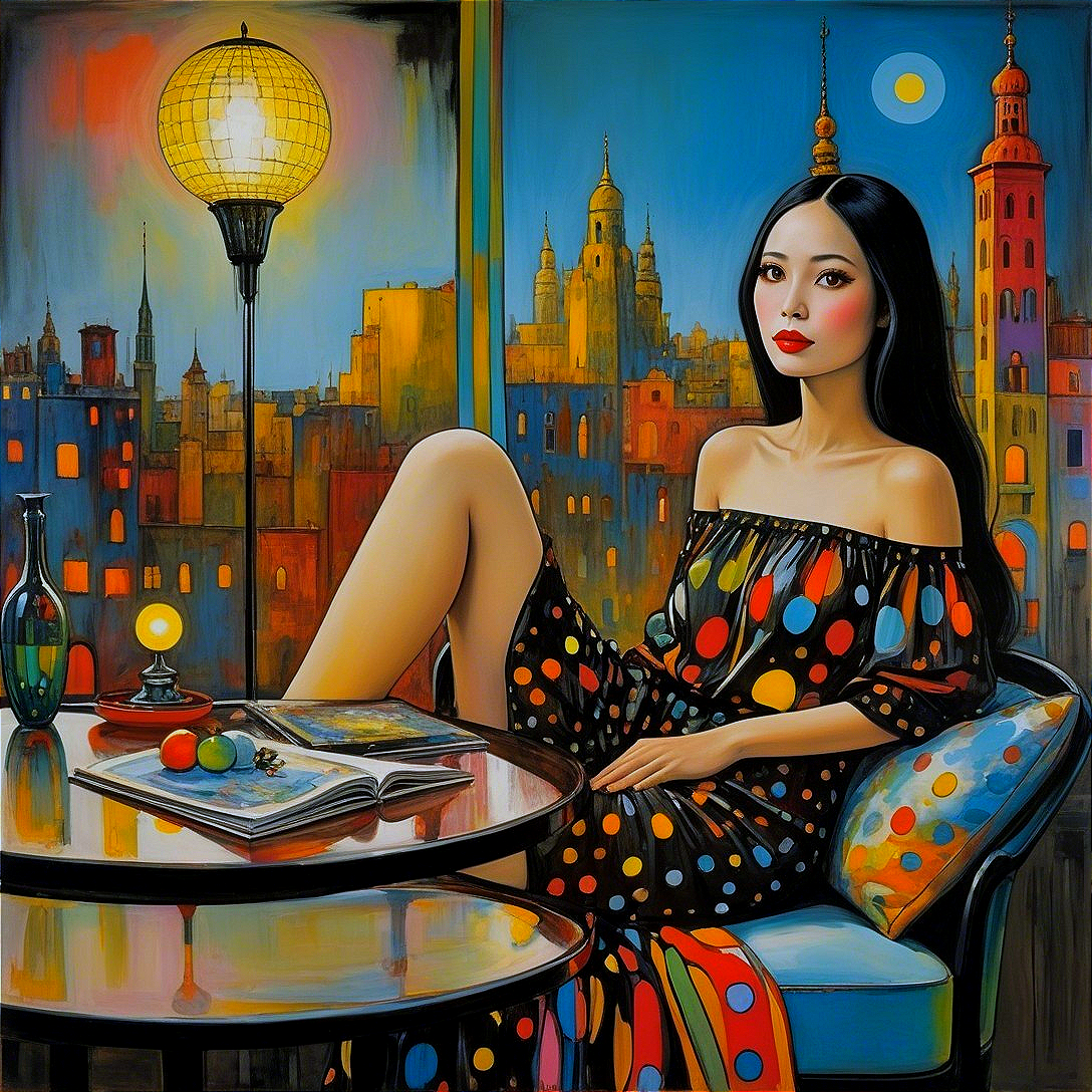 Woman in Polka-Dot Dress in Vibrant Cityscape Setting