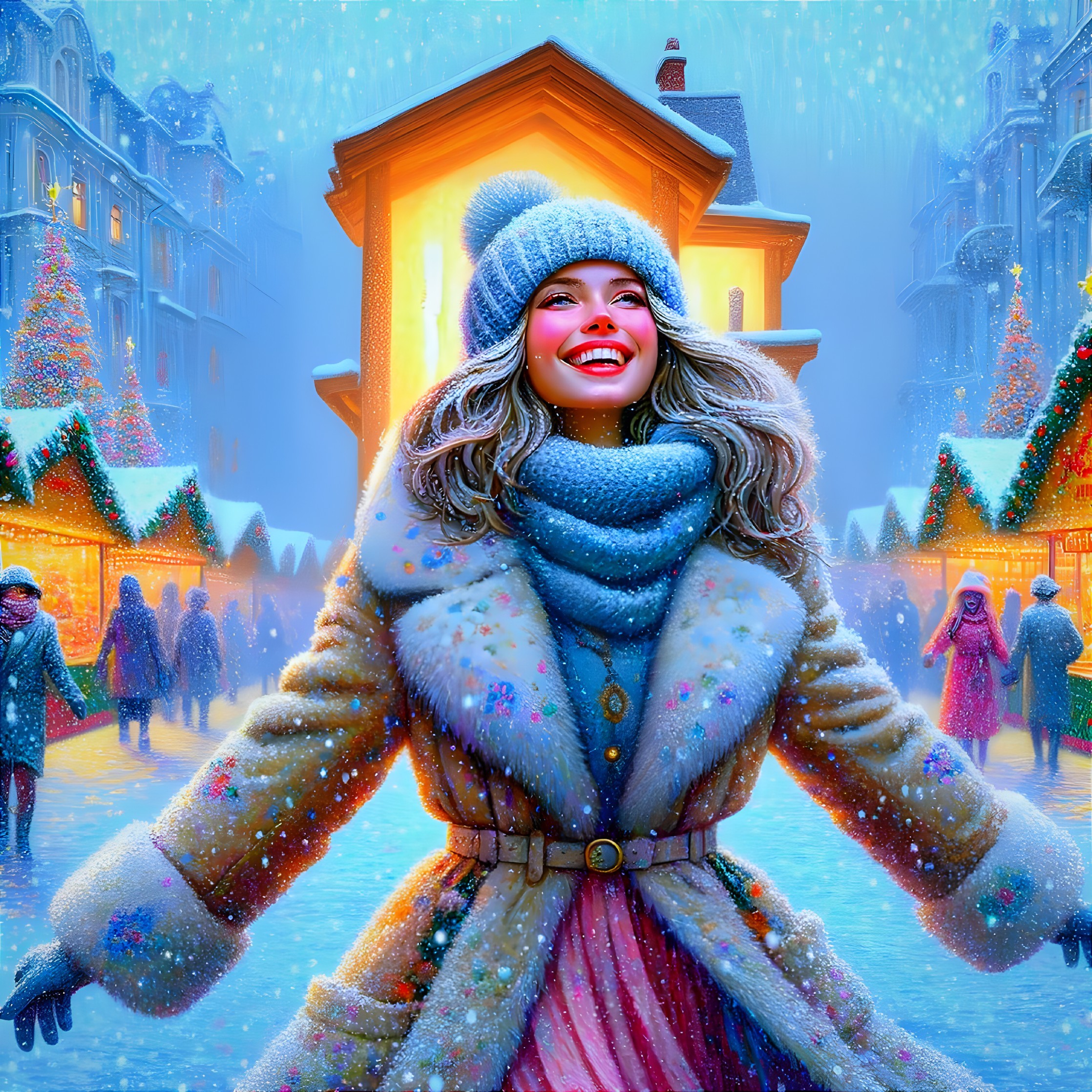 Winter street scene with joyful woman in Christmas setting