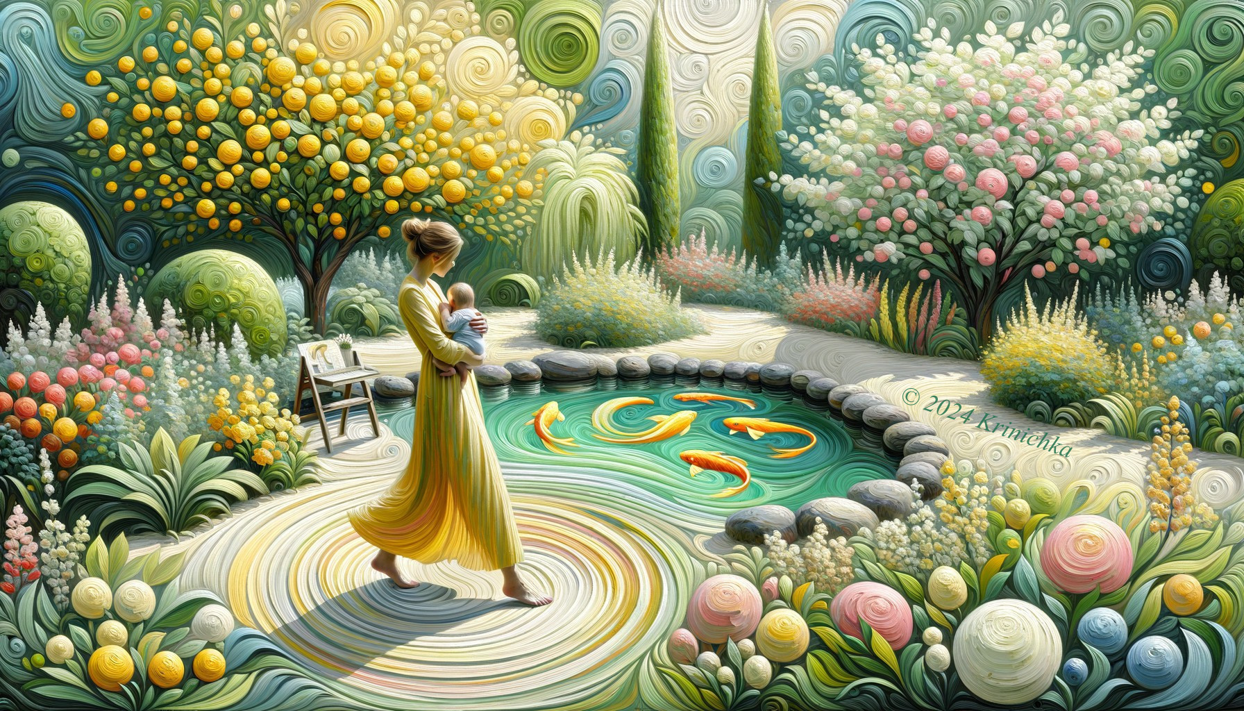 Vibrant garden scene with woman by fish pond