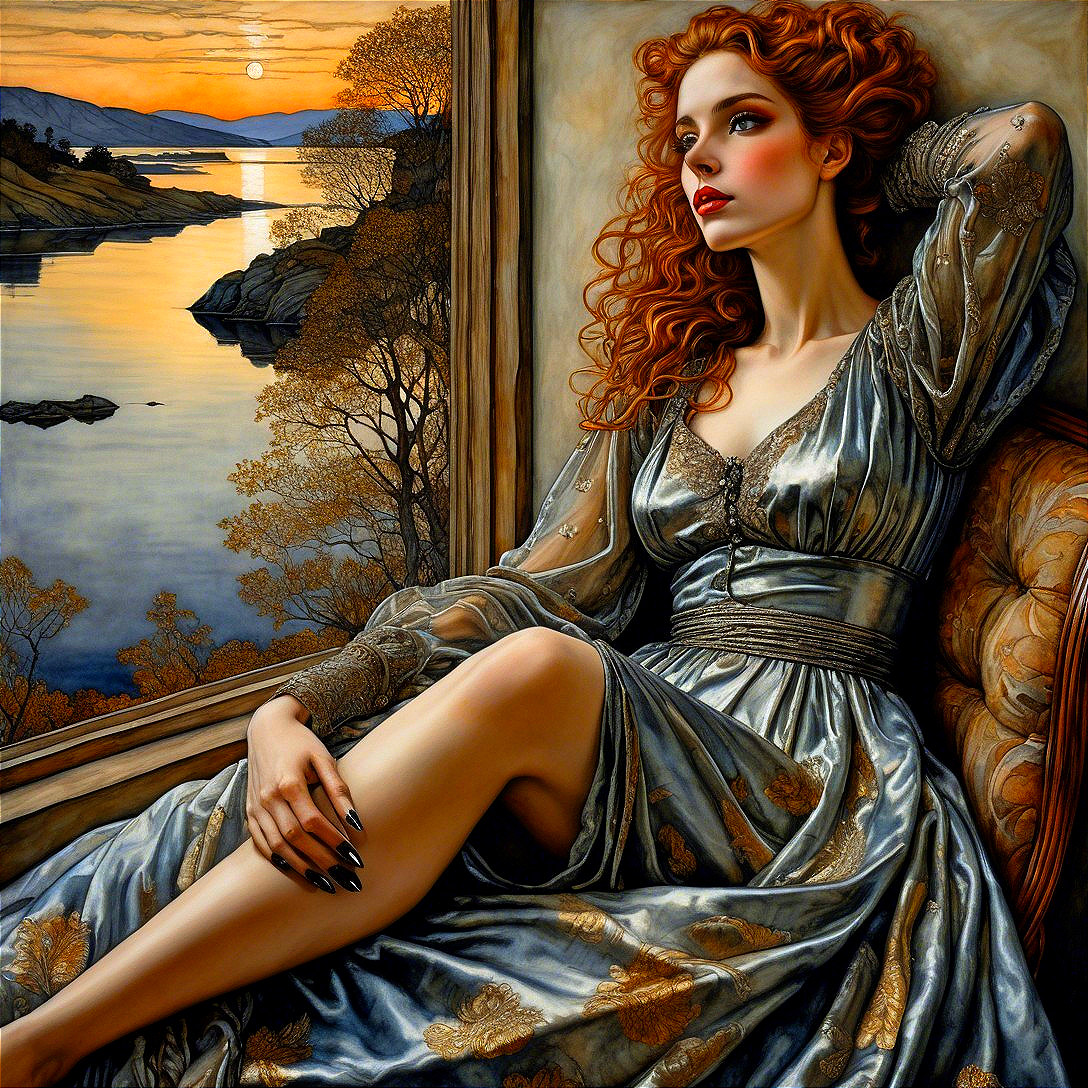 Elegant Woman by Window in Silver Gown at Sunset