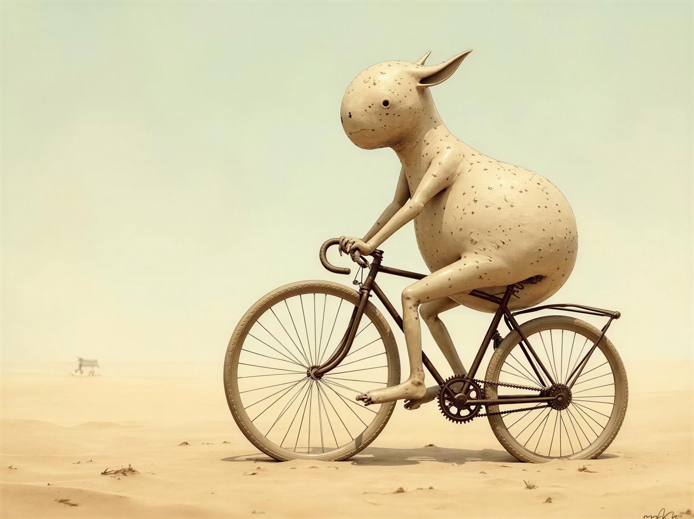 Beige Alien Figure Riding Bicycle in Sandy Desert