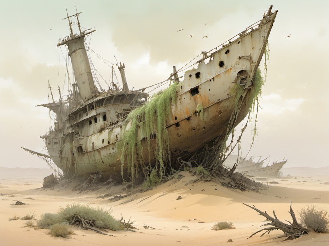 Abandoned Ship in Desert Landscape with Vegetation