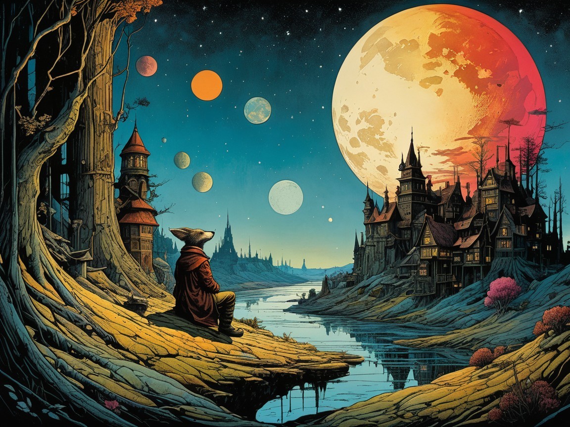 Cloaked Figure by Shimmering River in Fantastical Landscape