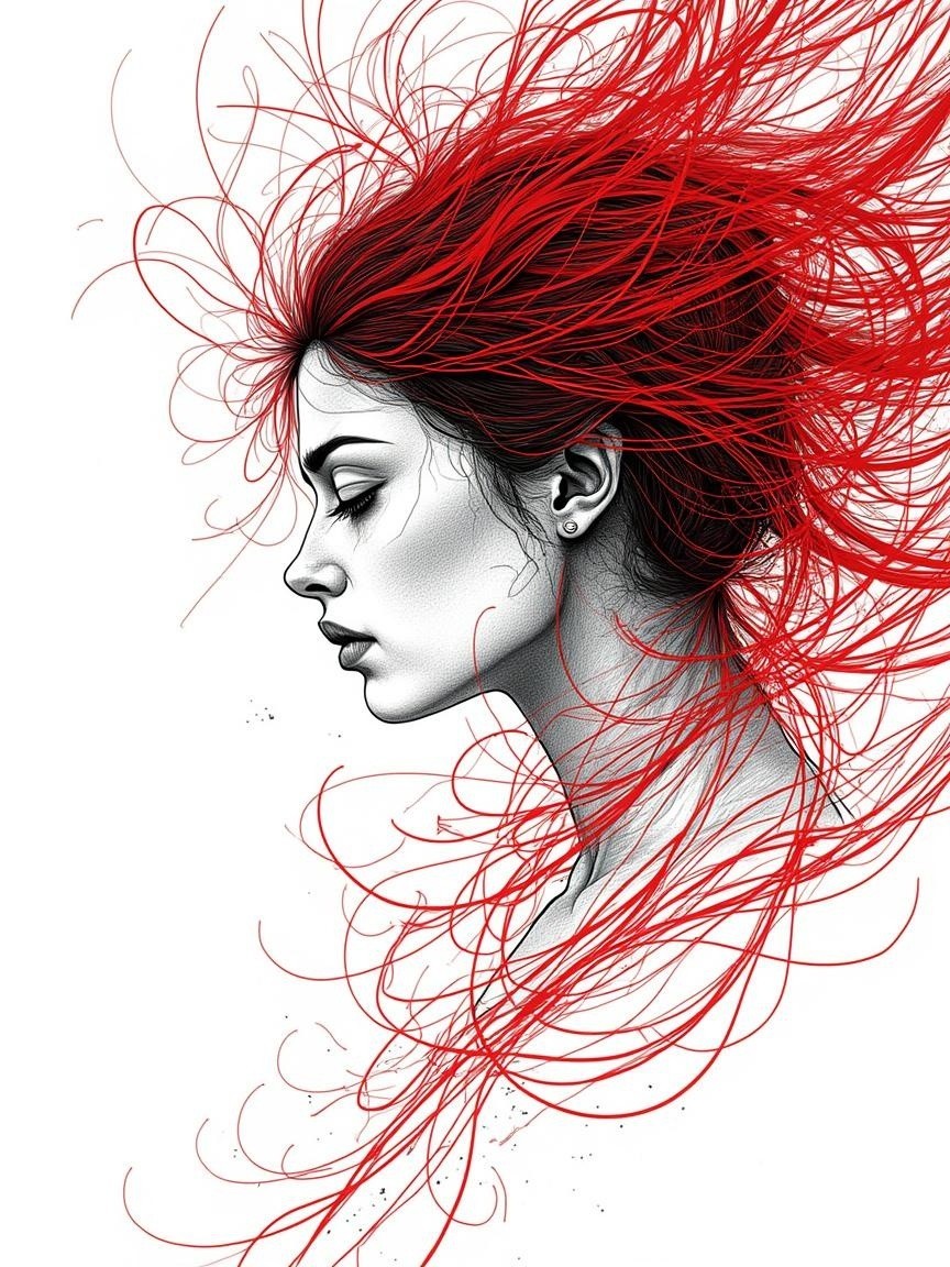 Illustration of a woman's profile with vibrant red hair