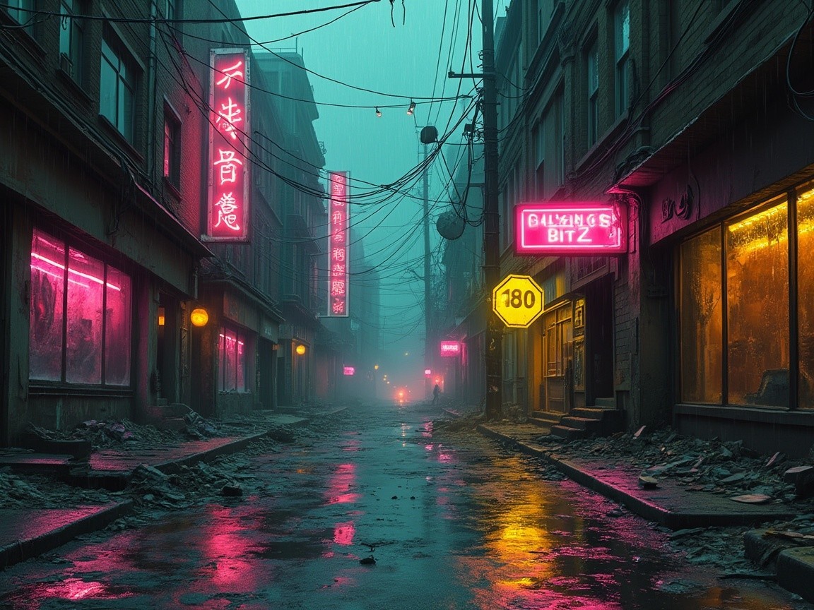 Foggy Cyberpunk Street Scene with Neon Lights