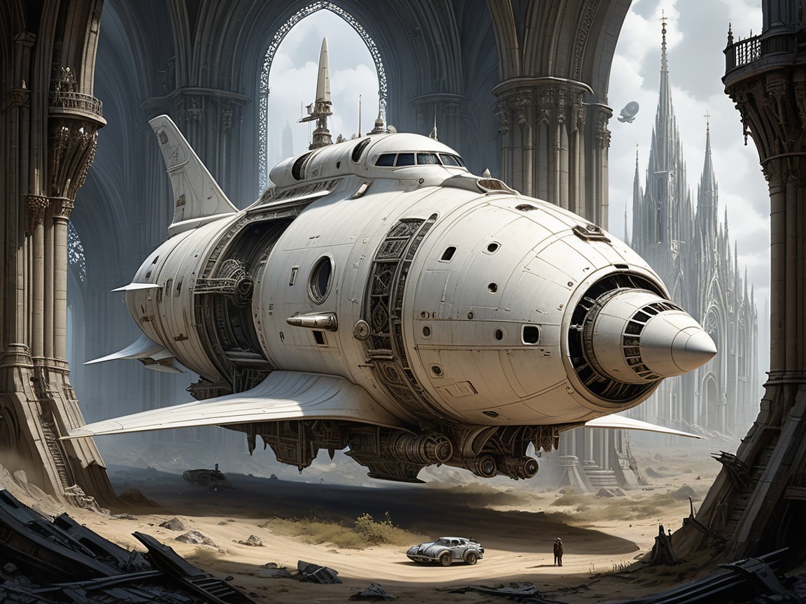 Futuristic spaceship in gothic archway with vintage car