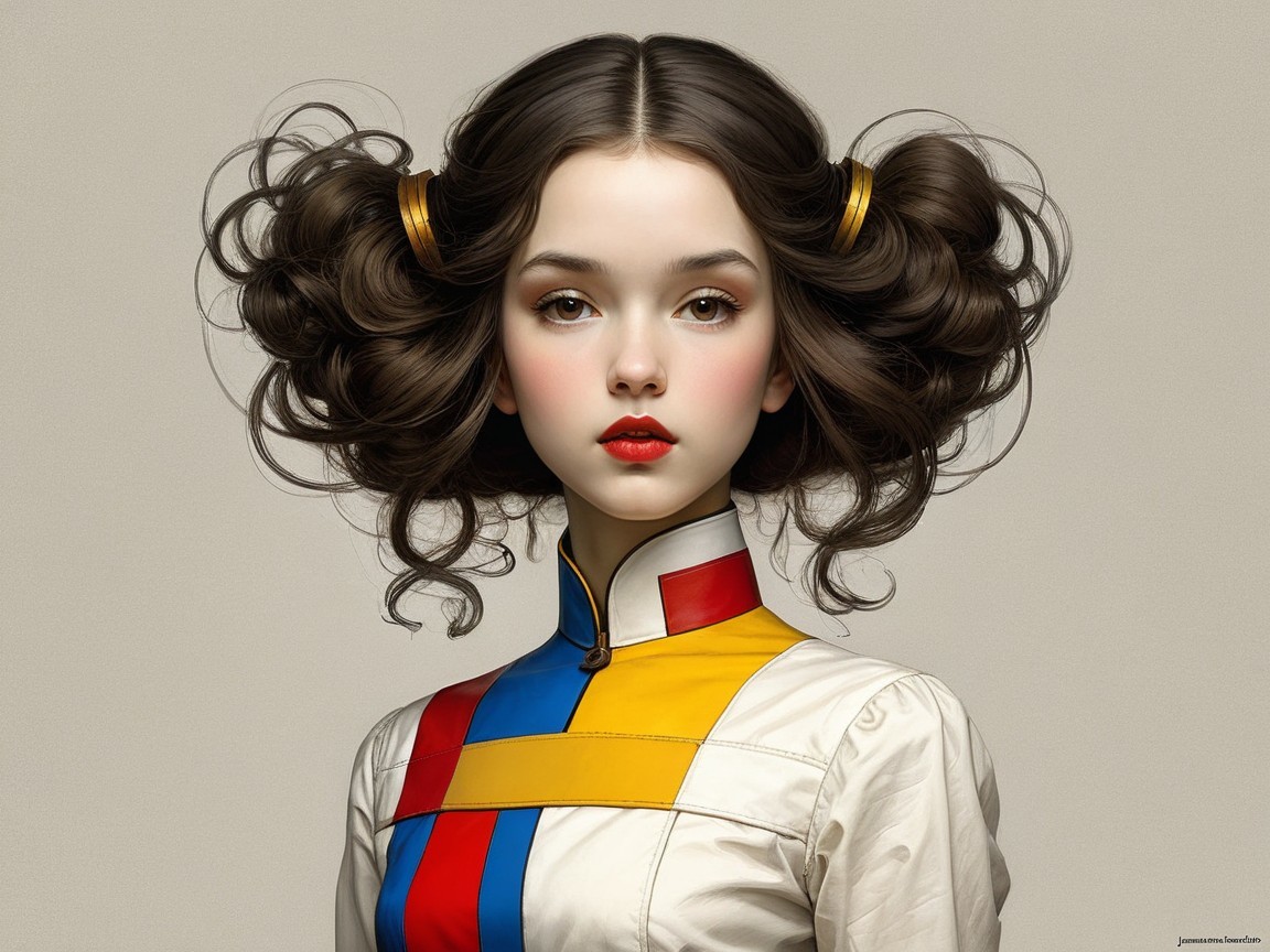 Young girl with curly hair in colorful futuristic outfit