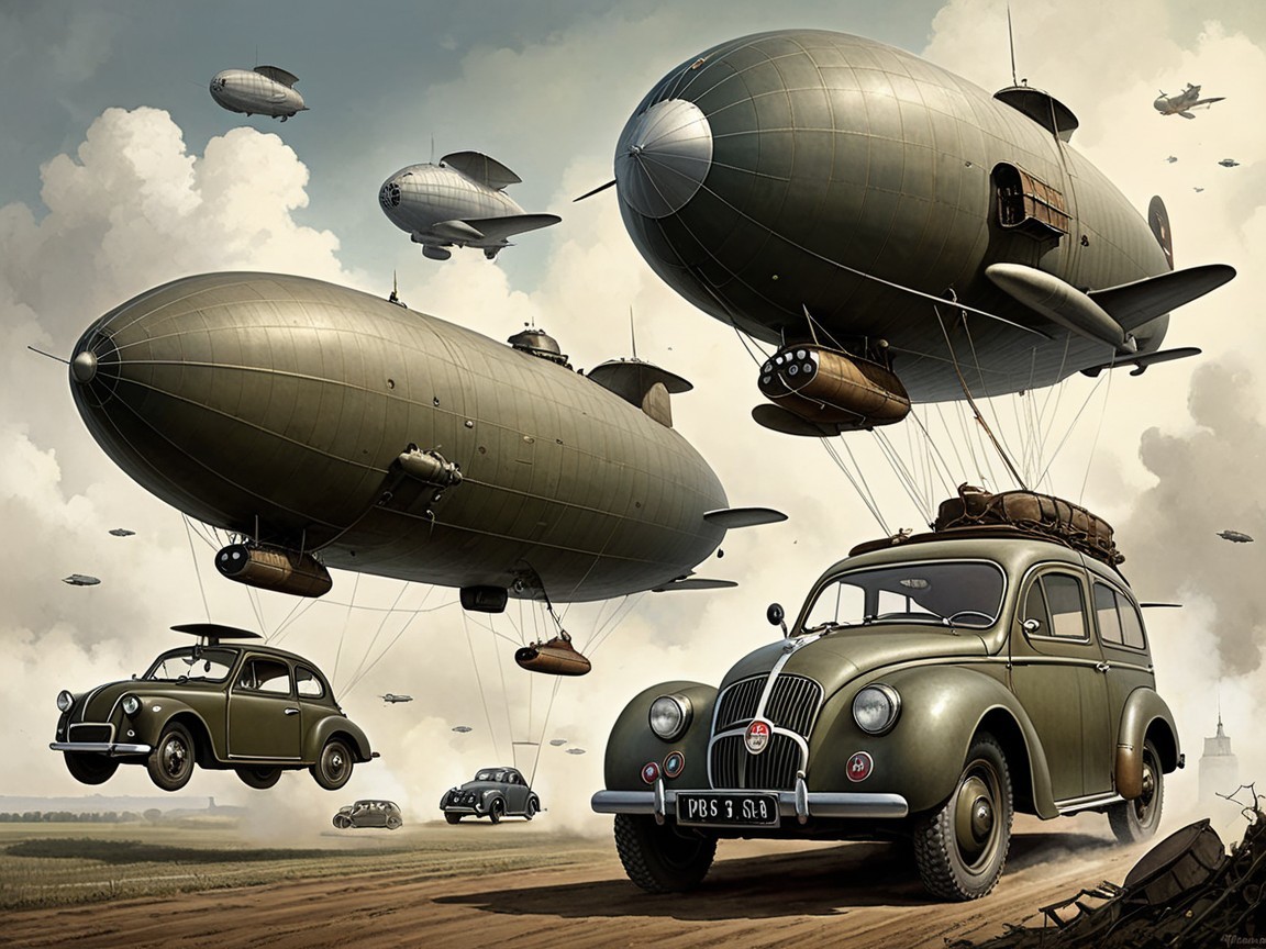 Vintage Cars and Dirigible Airships in Surreal Landscape