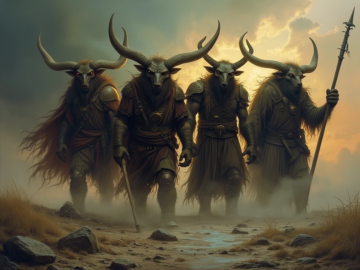 Armored Figures with Bull Skull Headdresses in Misty Landscape