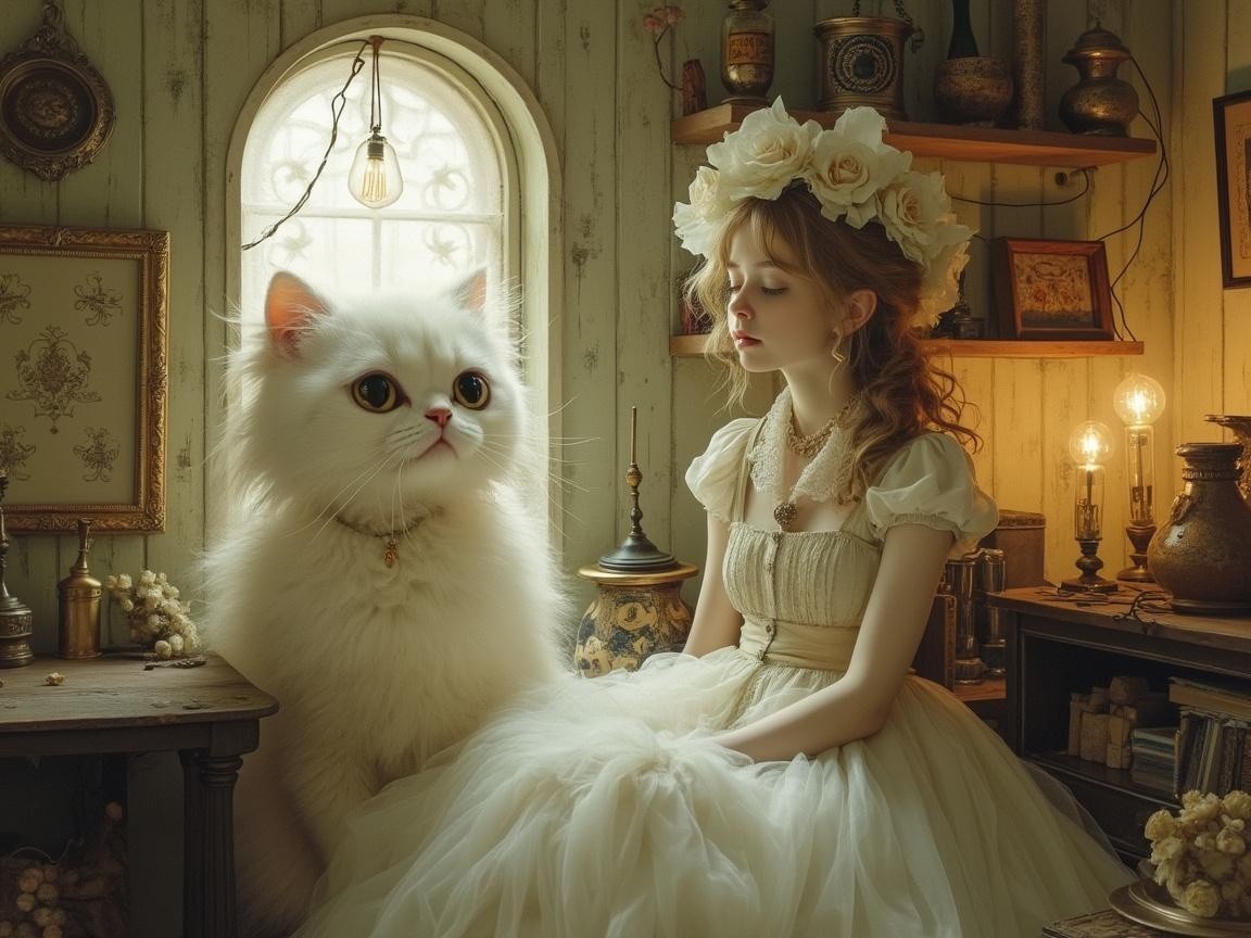 Vintage Room with Girl and Fluffy White Cat