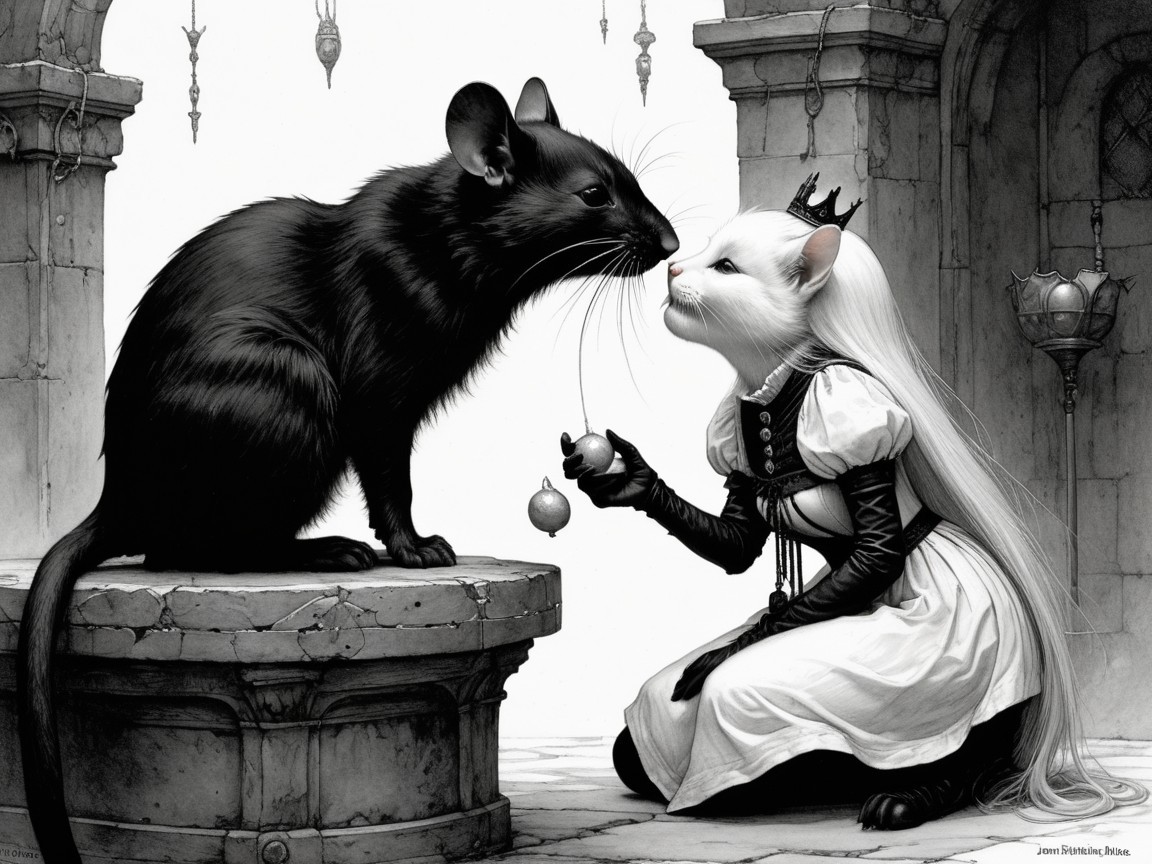 Regal Figure in White Dress Interacts with Black Rat