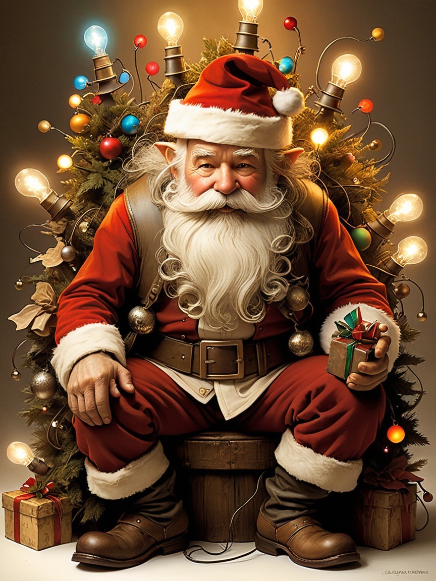 Jovial Santa Claus Elf with Gift and Decorated Tree