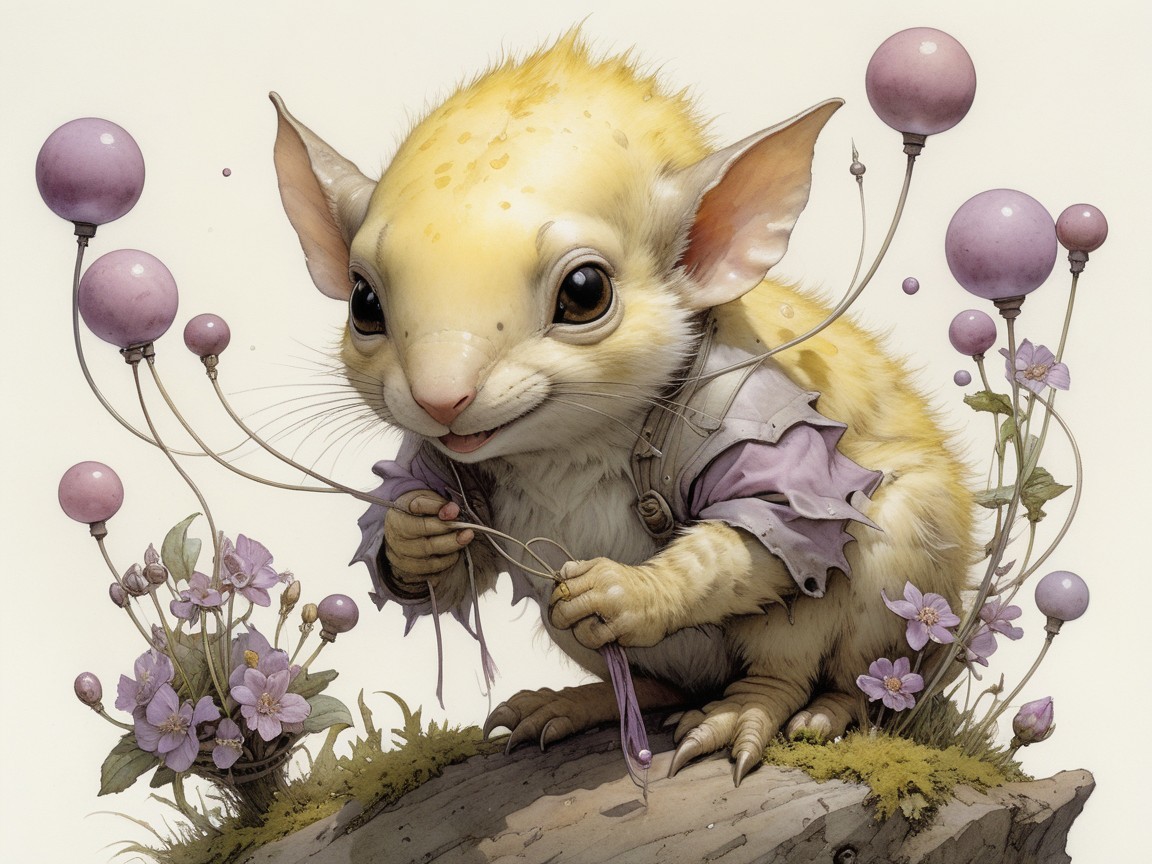 Whimsical Creature Surrounded by Purple Flowers and Orbs