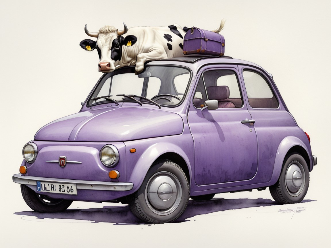 Whimsical Illustration of Vintage Car with Playful Cow