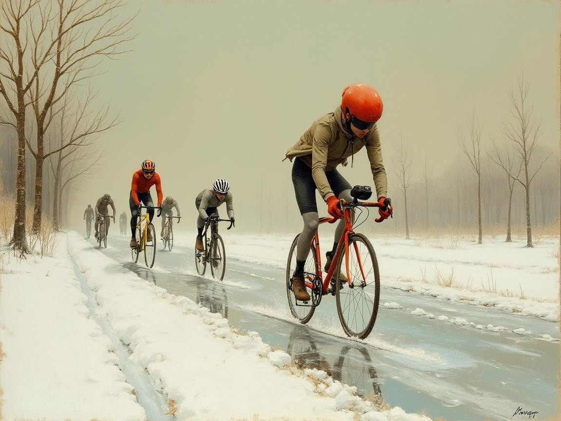 Cyclists Racing on a Snowy Winding Road in Winter