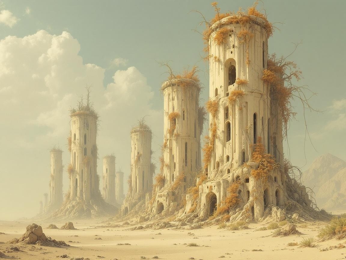 Ancient Towers in Barren Landscape with Vines