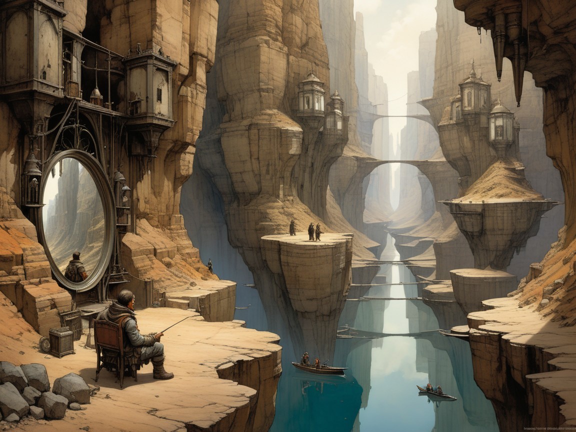 Surreal Canyon Landscape with Reflective River and Figures