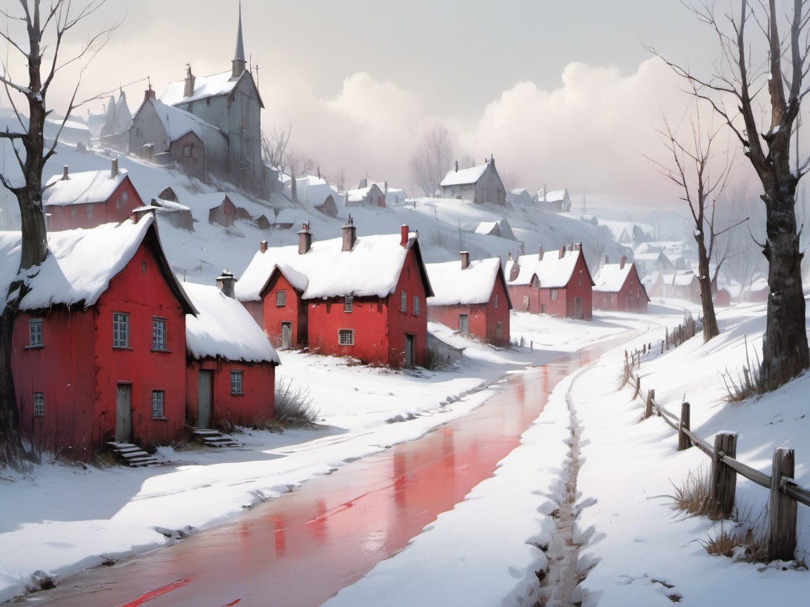 Winter Landscape with Snow-Covered Cottages and Trees