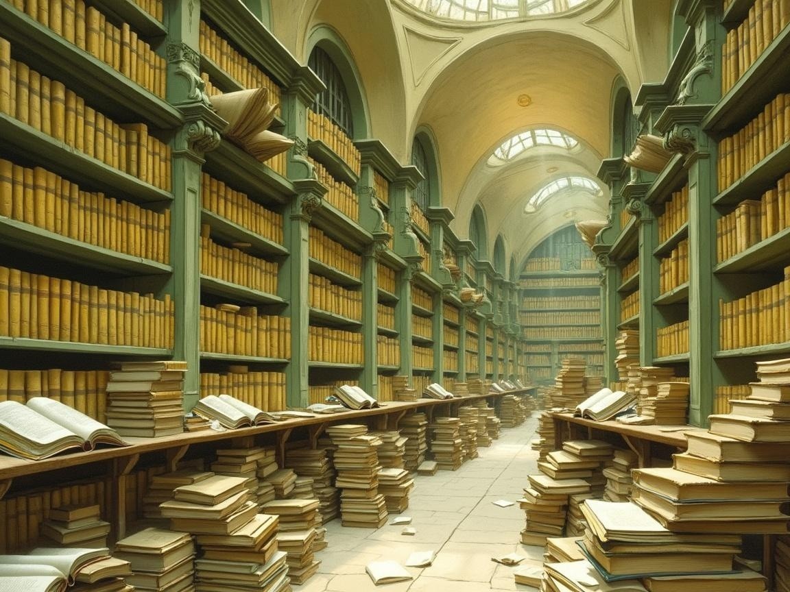 Grand library with towering shelves and sunlight glow
