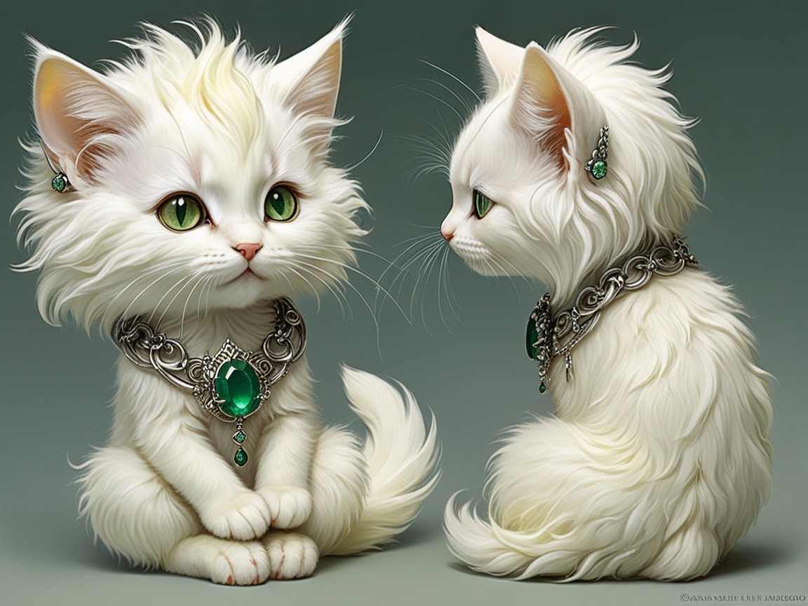 Two White Kittens with Green Gemstone Necklaces
